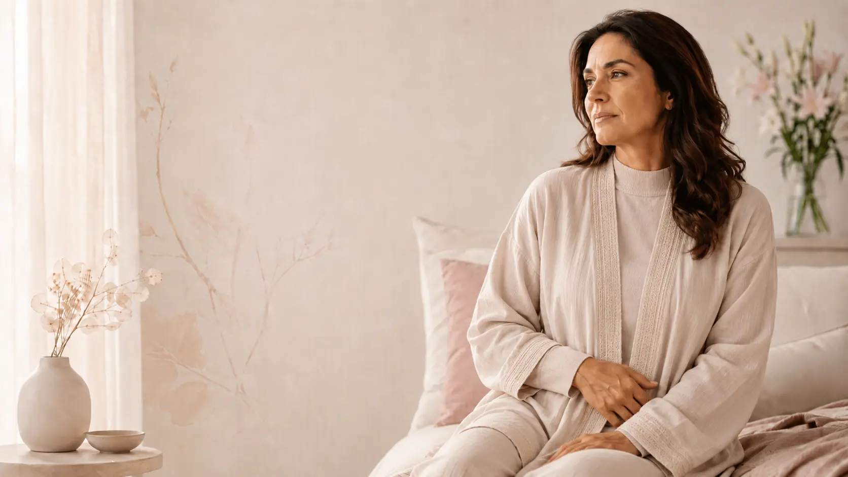 A middle-aged woman sitting calmly on her bed